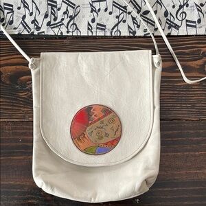 Ilze Heider Cream Hand Painted Appliqué Hieroglyphics Leather Crossbody Bag